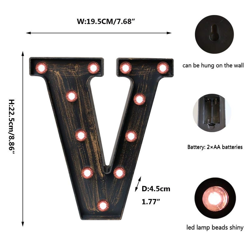 OYCBUZO Golden Black Led Marquee Letter - Industrial, Vintage Style Light Up Alphabet Letter Sign for Cafe Wedding Birthday Party Christmas Lamp Home Bar Initials Decor - V - Image 5